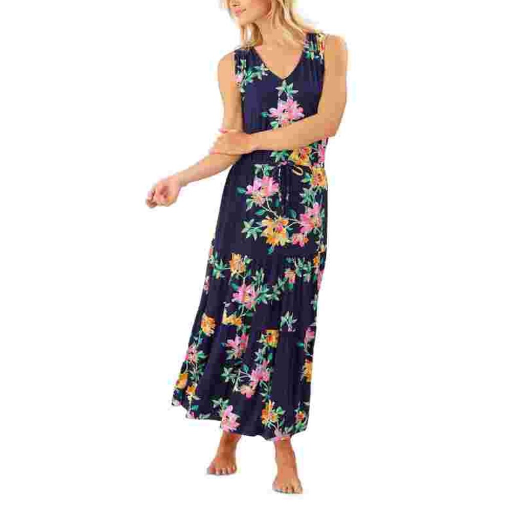 Tommy Bahama Navy Tropical Floral Tiered Strecth Maxi Dress Women's Size Small